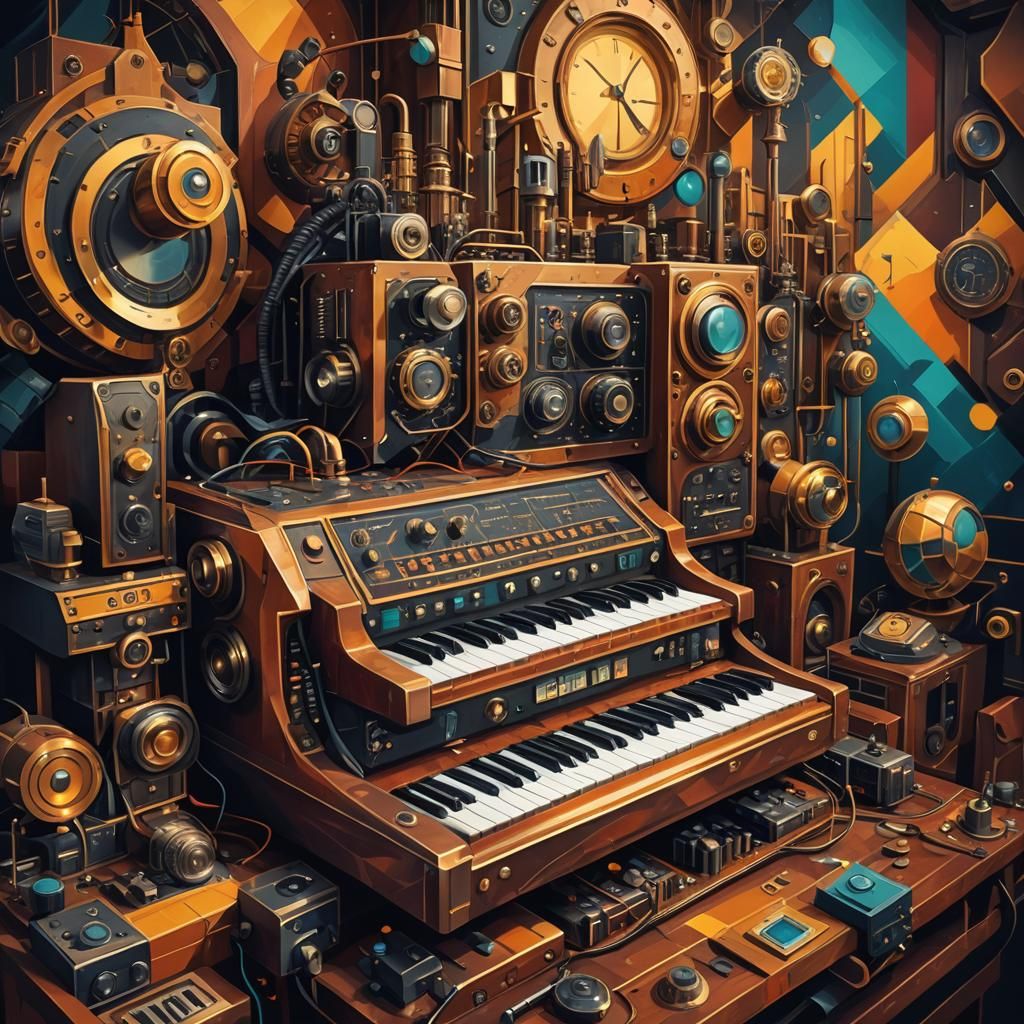 Steampunk Synthesizer in Cubist Art Deco Style