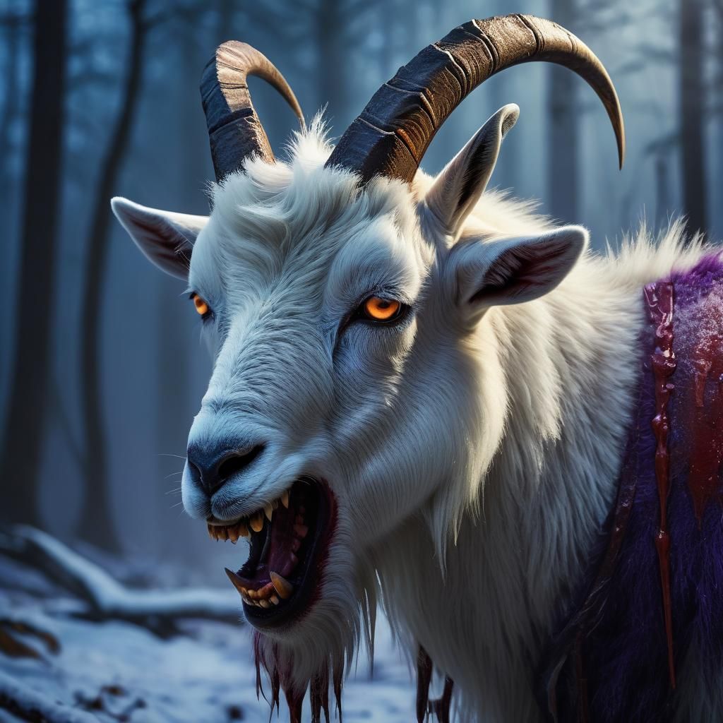 Creepy Goat with Bloody Teeth in Eerie Forest