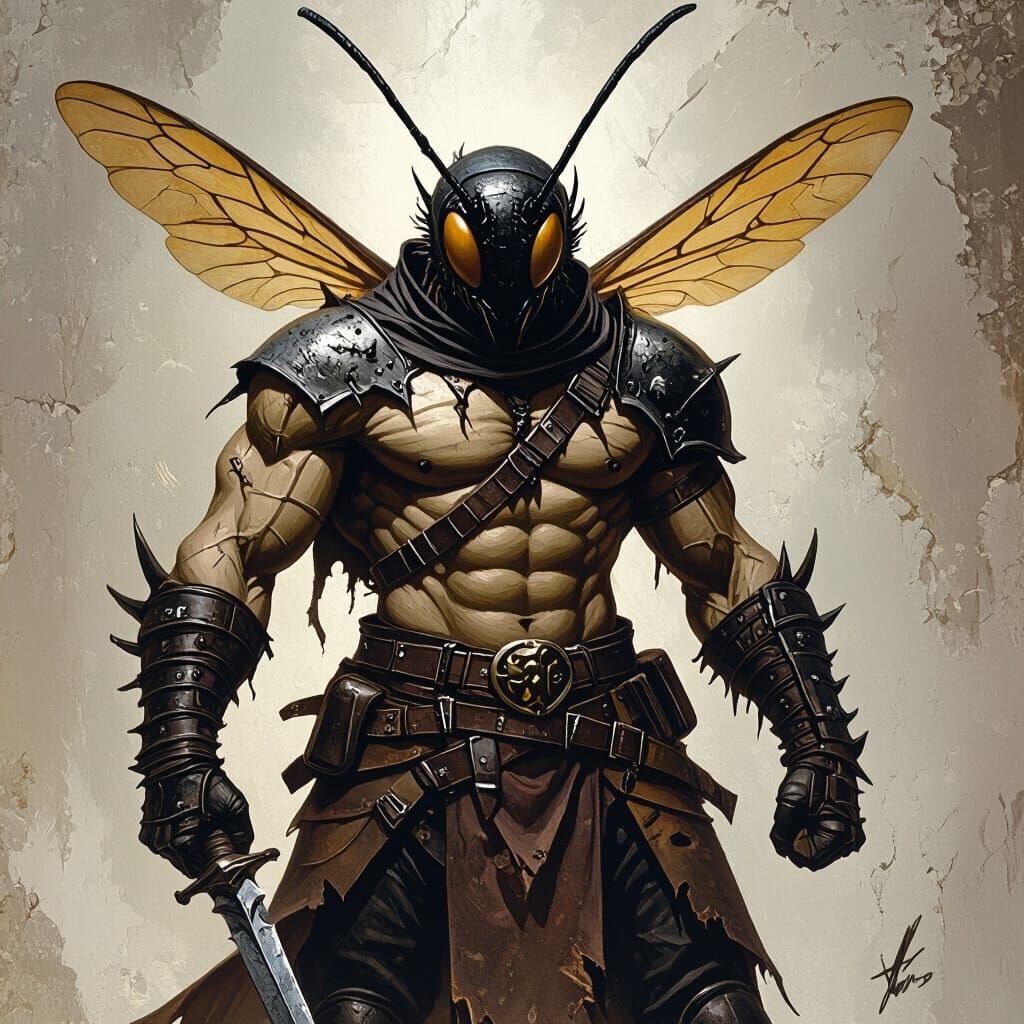 Half-Wasp Warrior in Dark Fantasy Style