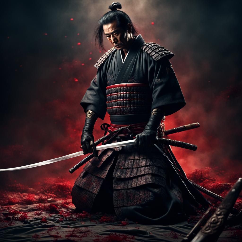 Samurai Warrior Cleans Katana on Battlefield