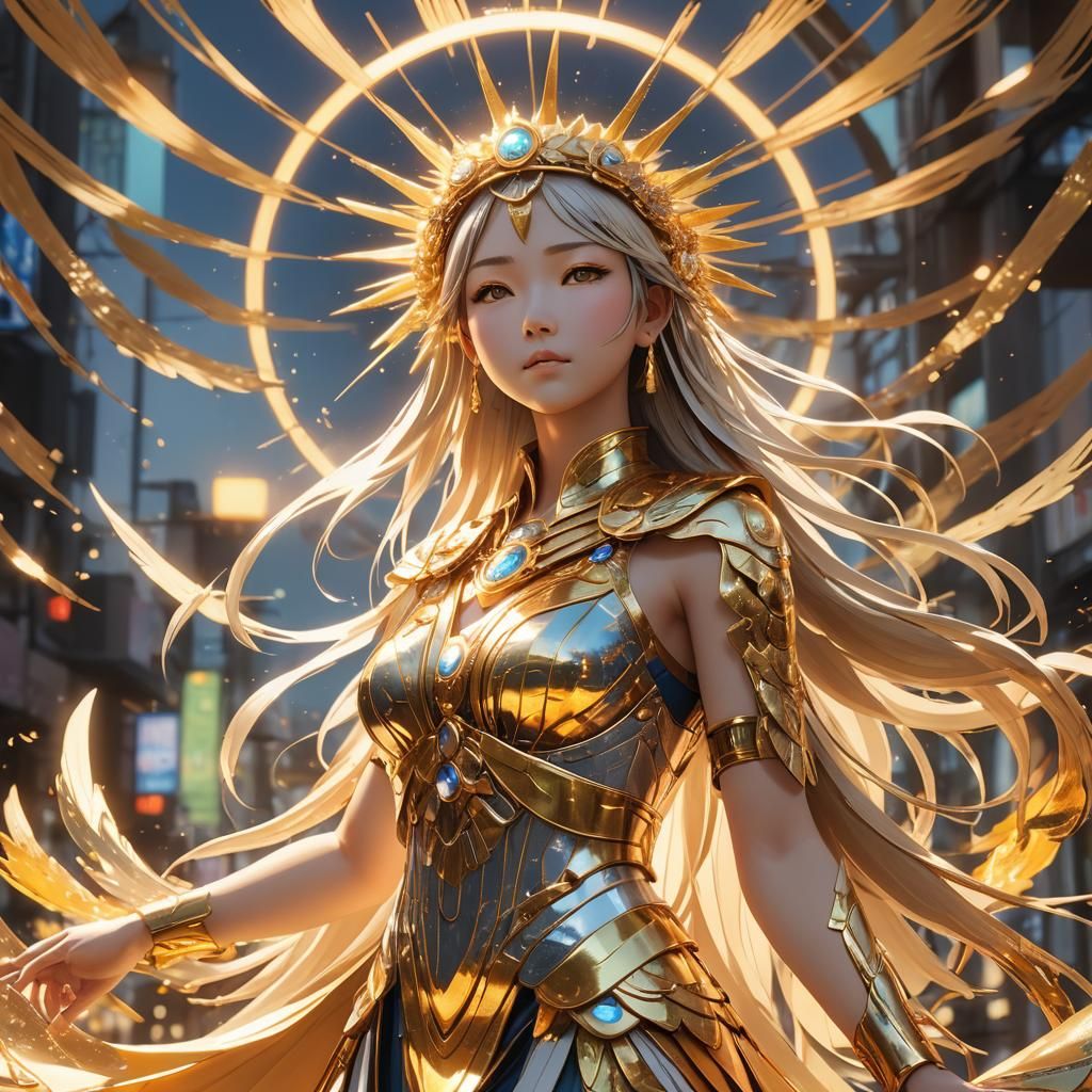 Anime Goddess in Golden Sunlight: 3D Art