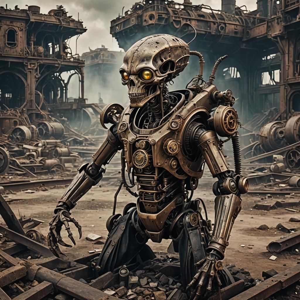 Dying Alien in a Steampunk Post-Apocalyptic Landscape