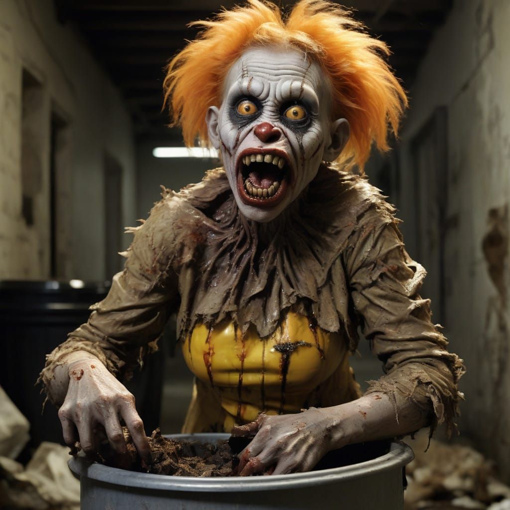 Grotesque Zombie Monkey Clown Devours Garbage with Maniacal....
