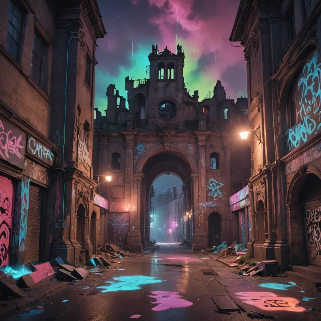 Neon Graffiti in Ethereal Gothic Ruins