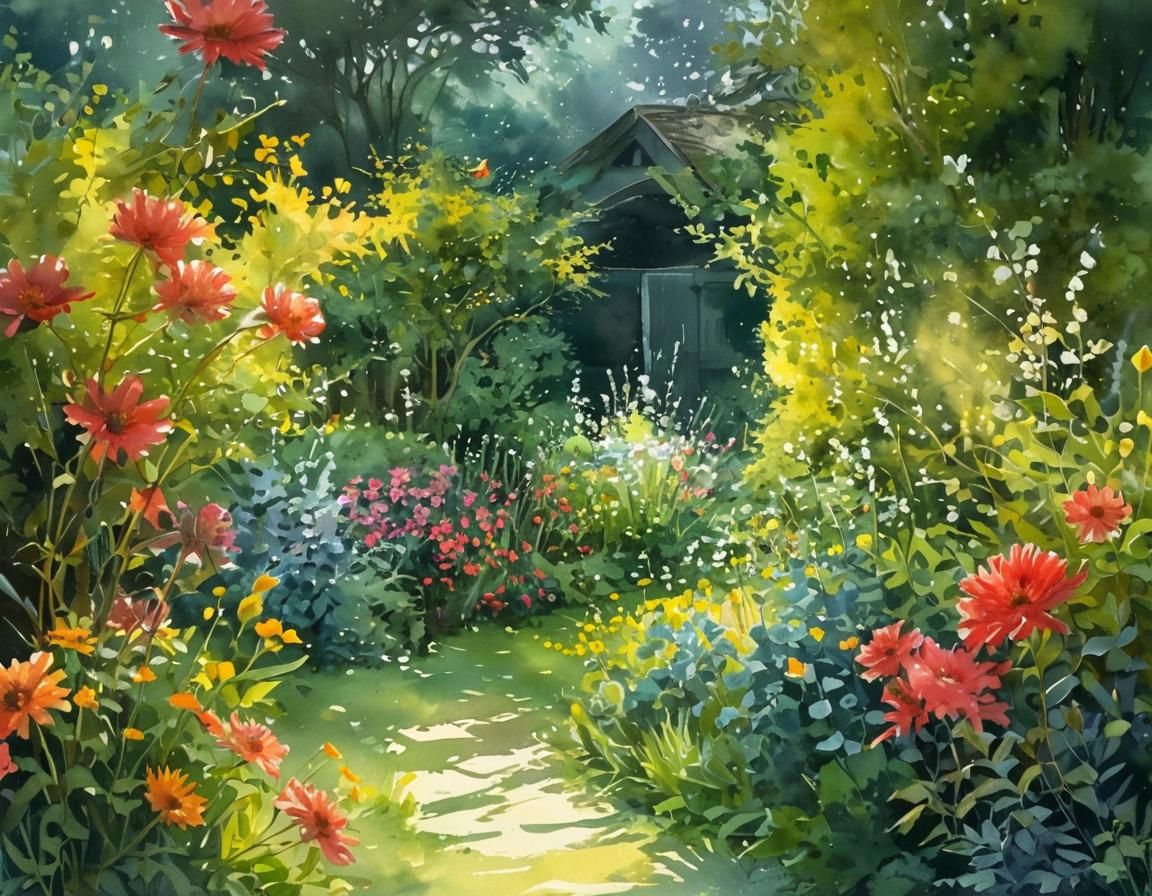 Whimsical Garden Scene in Dreamy Watercolor