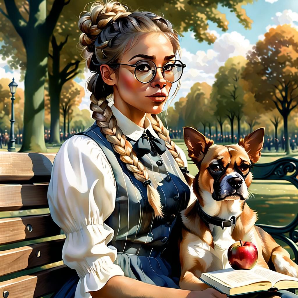 Girl in Park with Dog, Art Nouveau Portrait