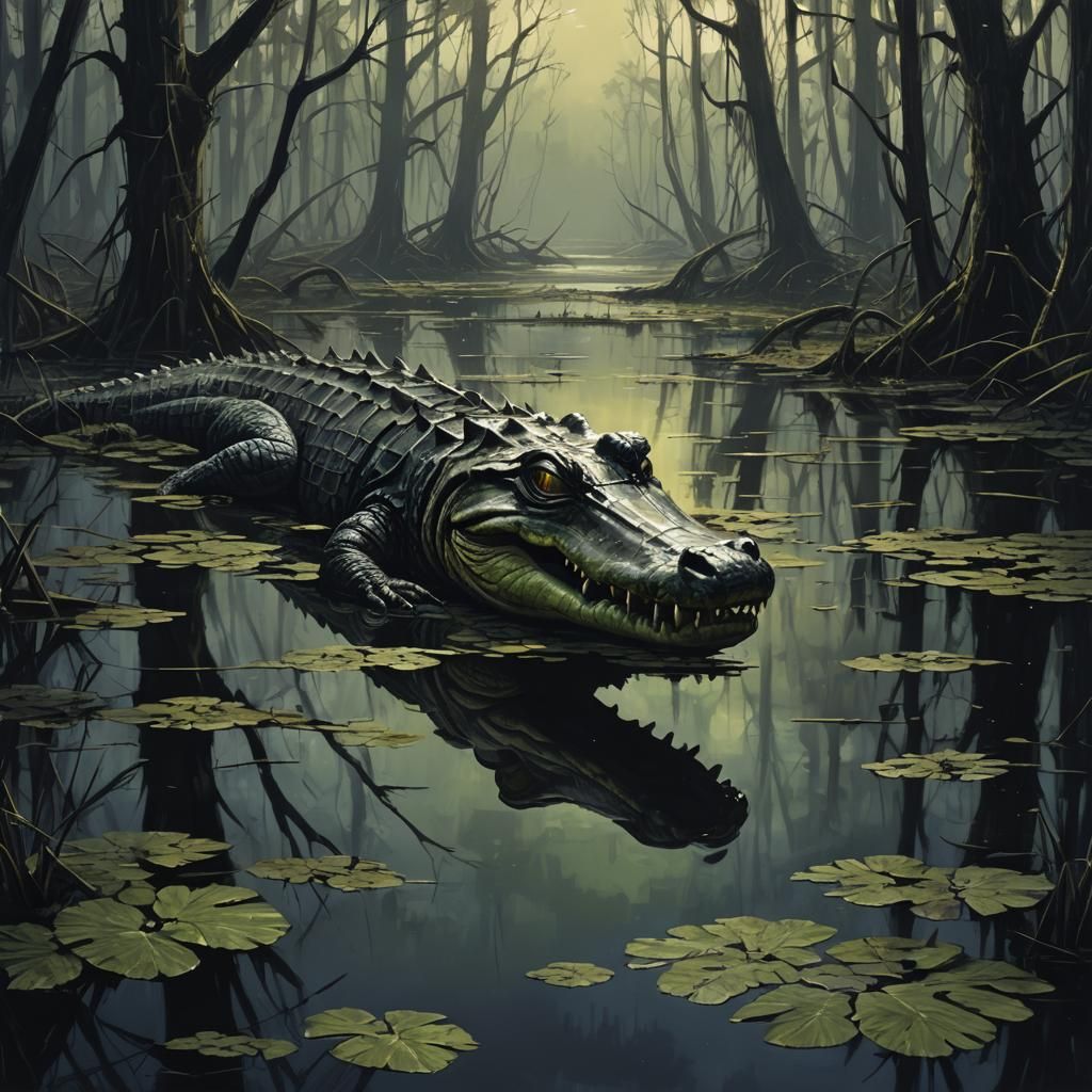 Alligator in a Sinister, Eerie Swamp