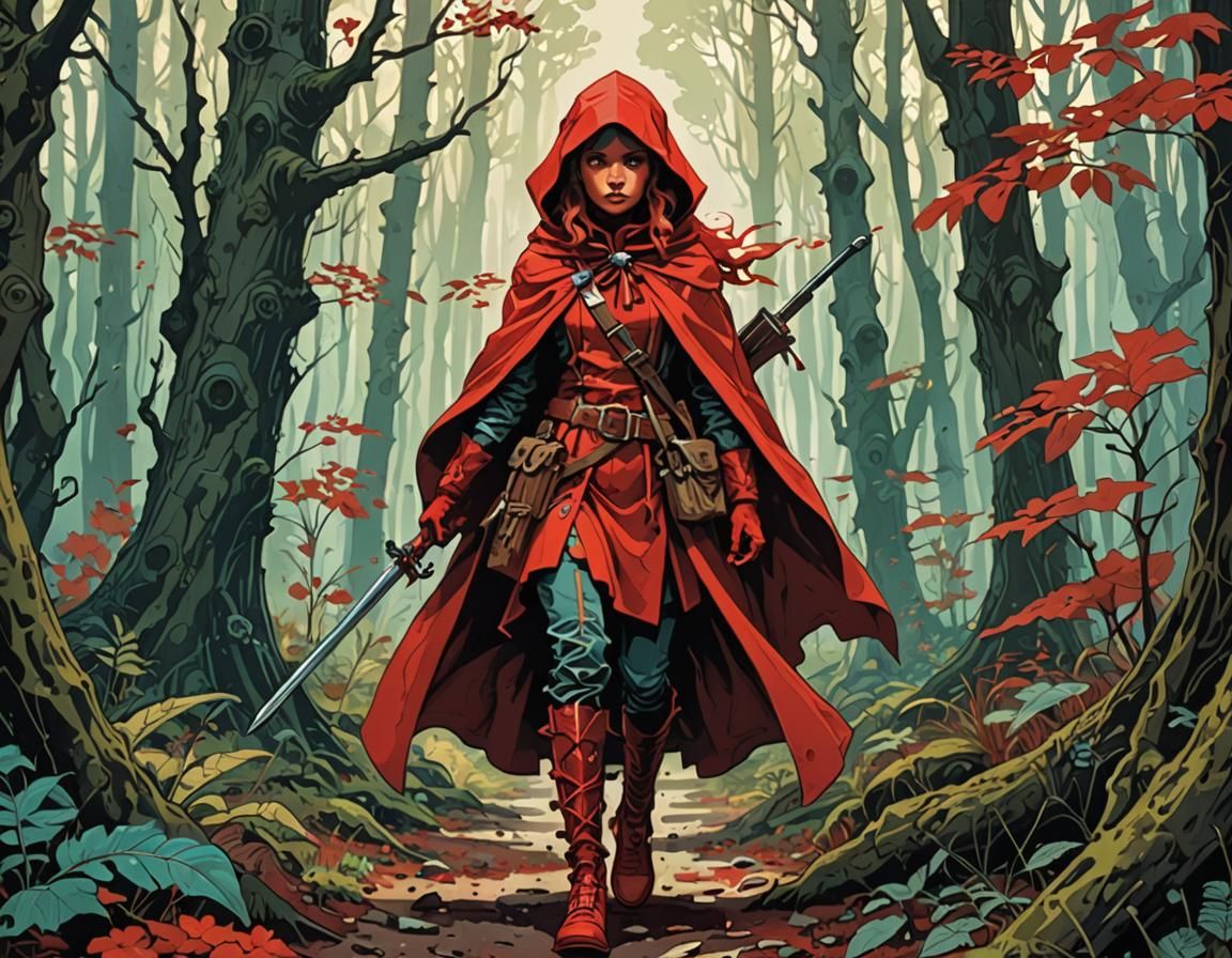 Retrofuturistic Voodoo Red Riding Hood in Forest