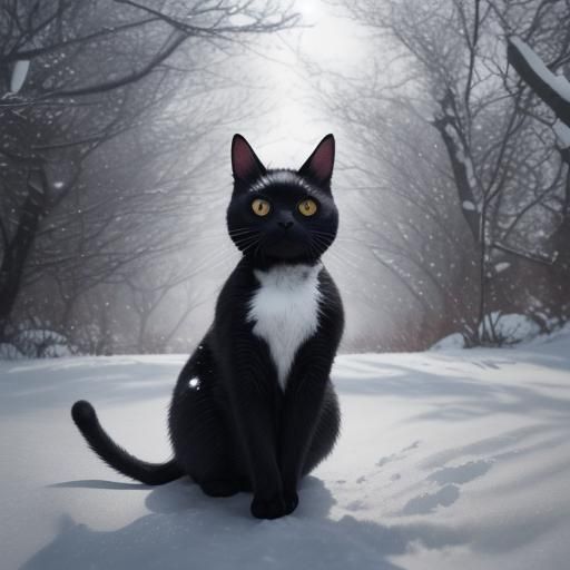 Black Cat's Snowy Frolic in Hyperreal Detail