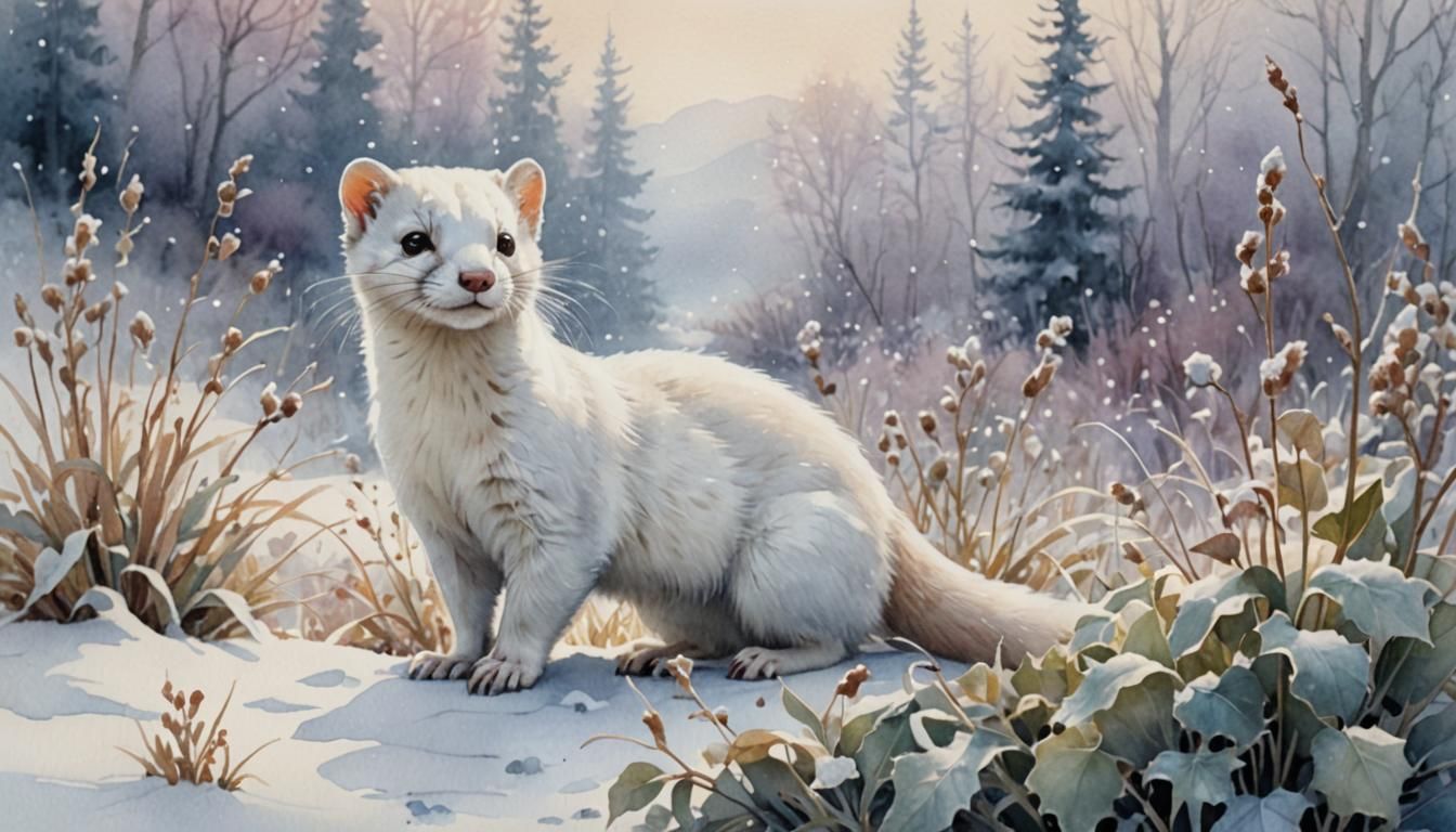 Weasel in Snowy Landscape: Watercolor Wildlife Art