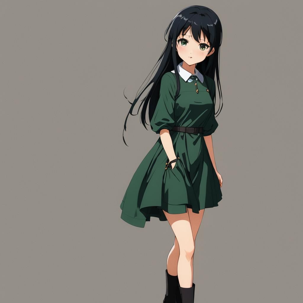 Anime Girl with Black Hair in Green Dress