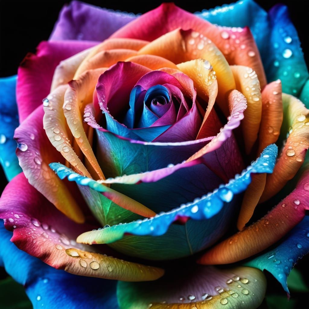 Vibrant Rainbow Rose with Crystal Dew in Hyper-Realistic Det...