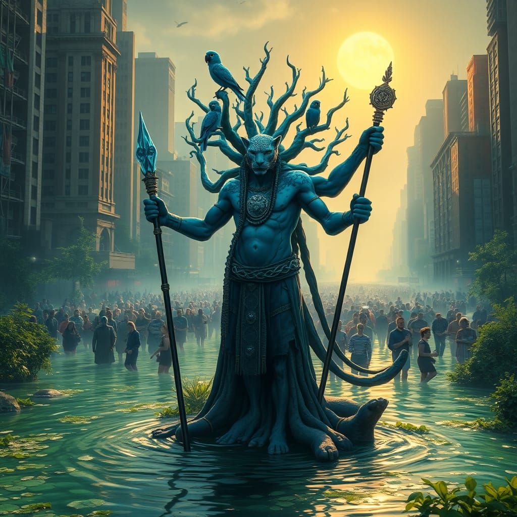 Blue Leopard Shaman in Flooded New York City