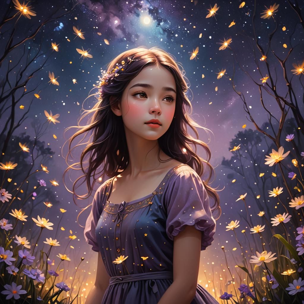 Dreamy Girl Under Starry Night Sky in Zaffre Hues