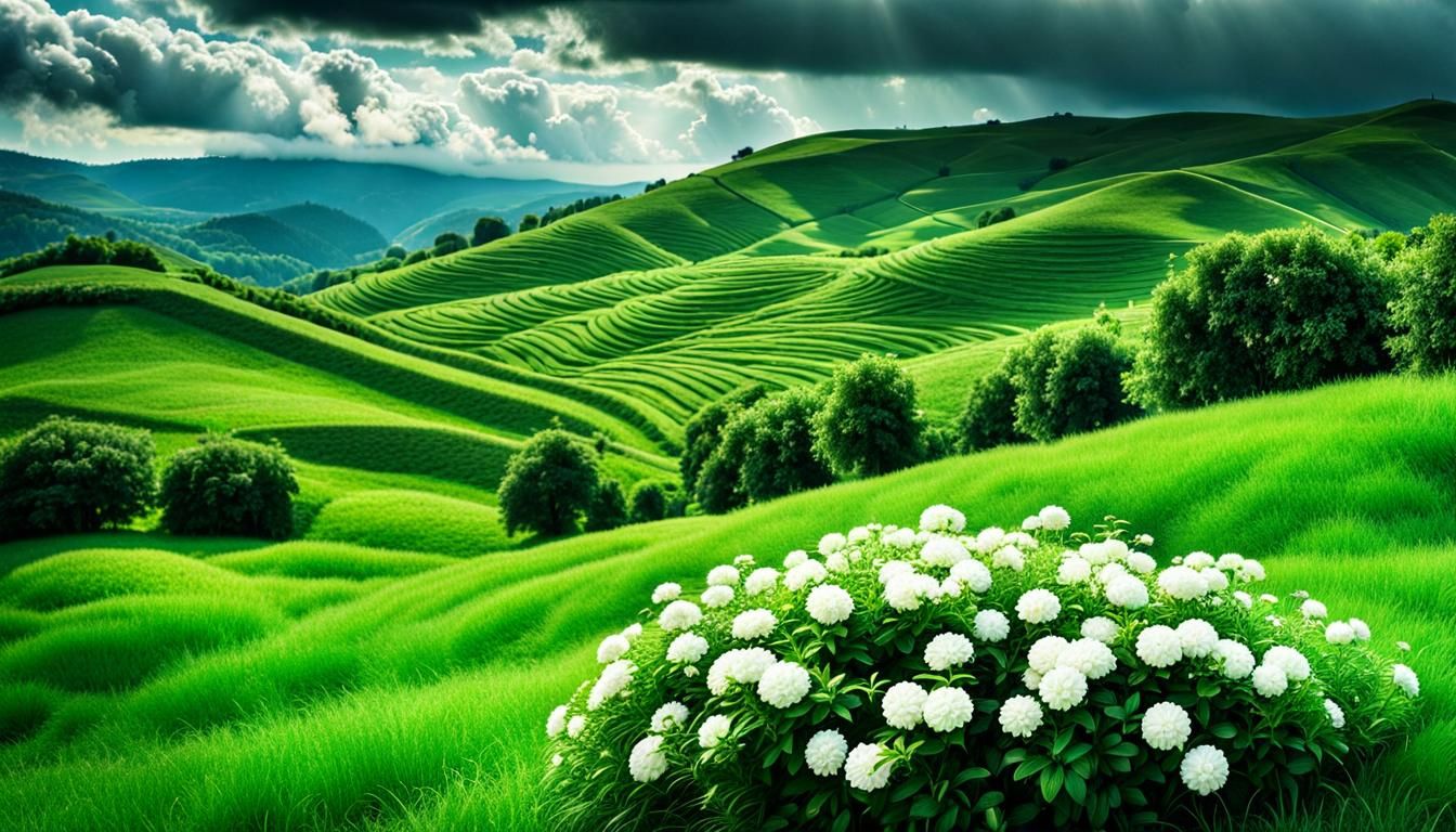 Hyperrealistic Landscape with Greenery and White Flowers