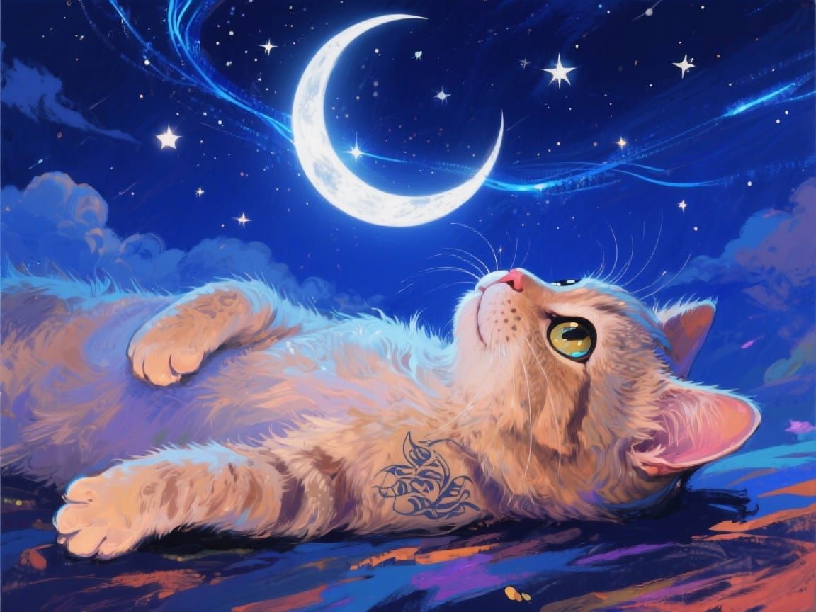Whimsical cat, lying down, looking up at theMoon