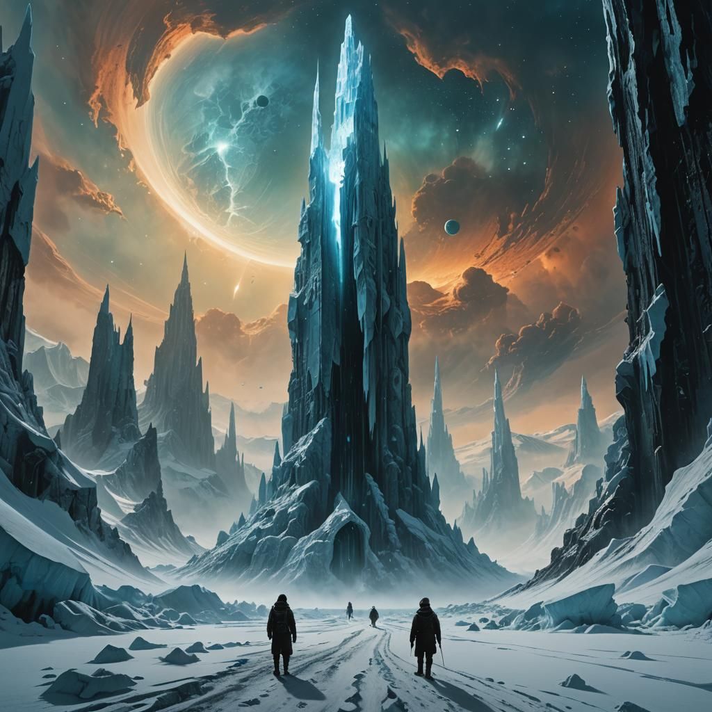 Icy Alien Planet with Traveler in Beksiński Style
