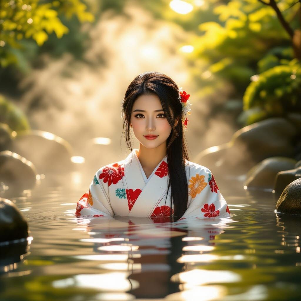 Photorealistic Japanese Woman Enjoys Serene Outdoor Onsen