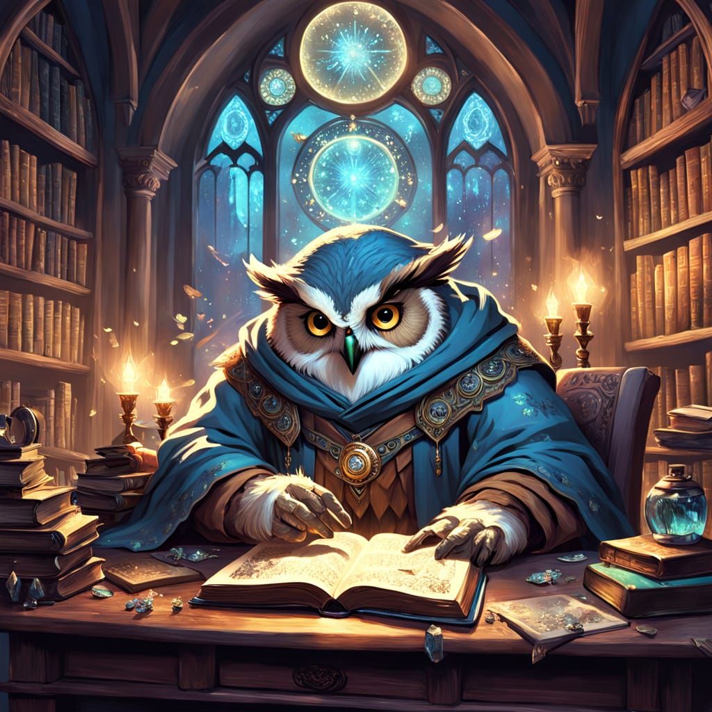 Owl Librarian Surrounded by Ancient Tomes, Digital Painting