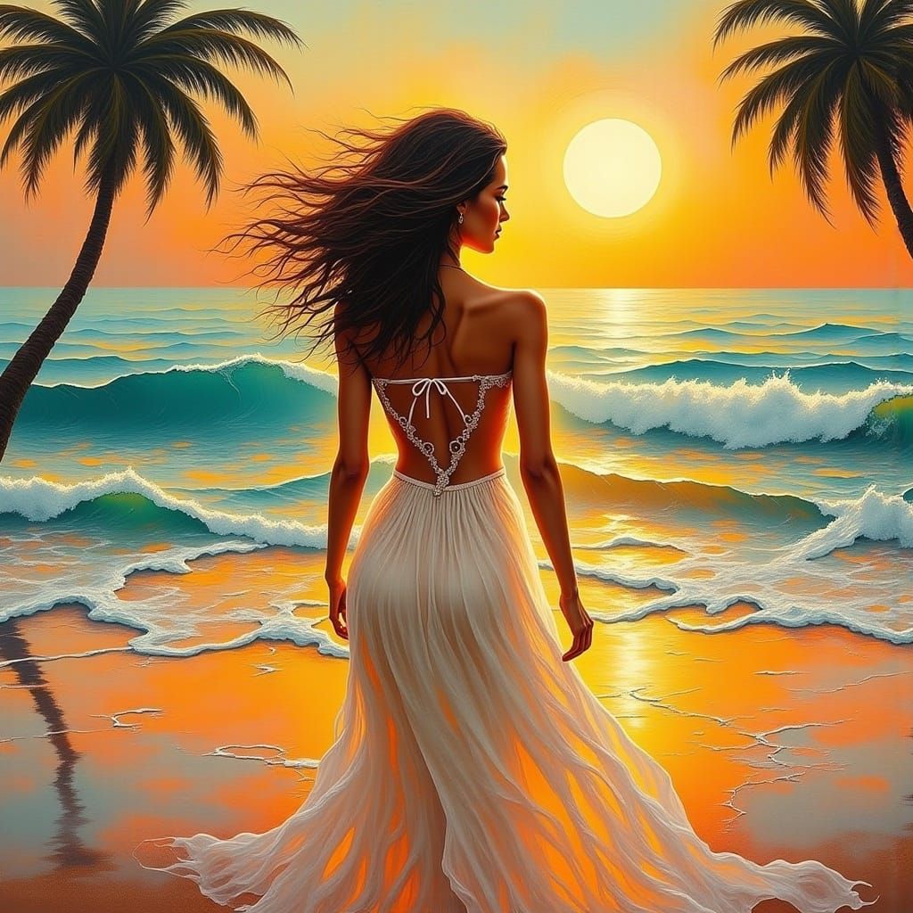 Woman on Beach at Sunset: Impressionist Pop Art