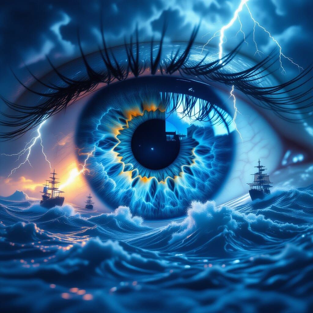 Macro Eye with Stormy Ocean and Cloudscape