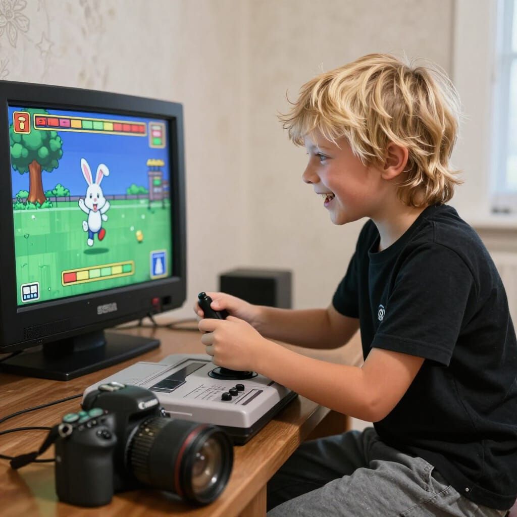 Boy Plays 16-Bit Game on Sega Console