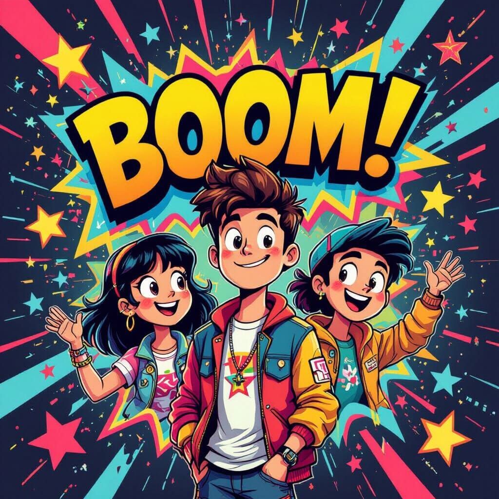 90s Pop Art "BOOM!" Explosion with Neon Shapes