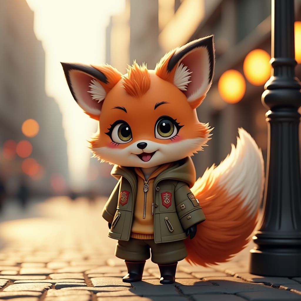 Chibi Fox in Cityscape with Ornate Details