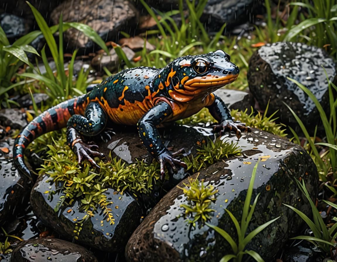 Colorful Salamander on Rain-soaked Rocks in Hyperrealism
