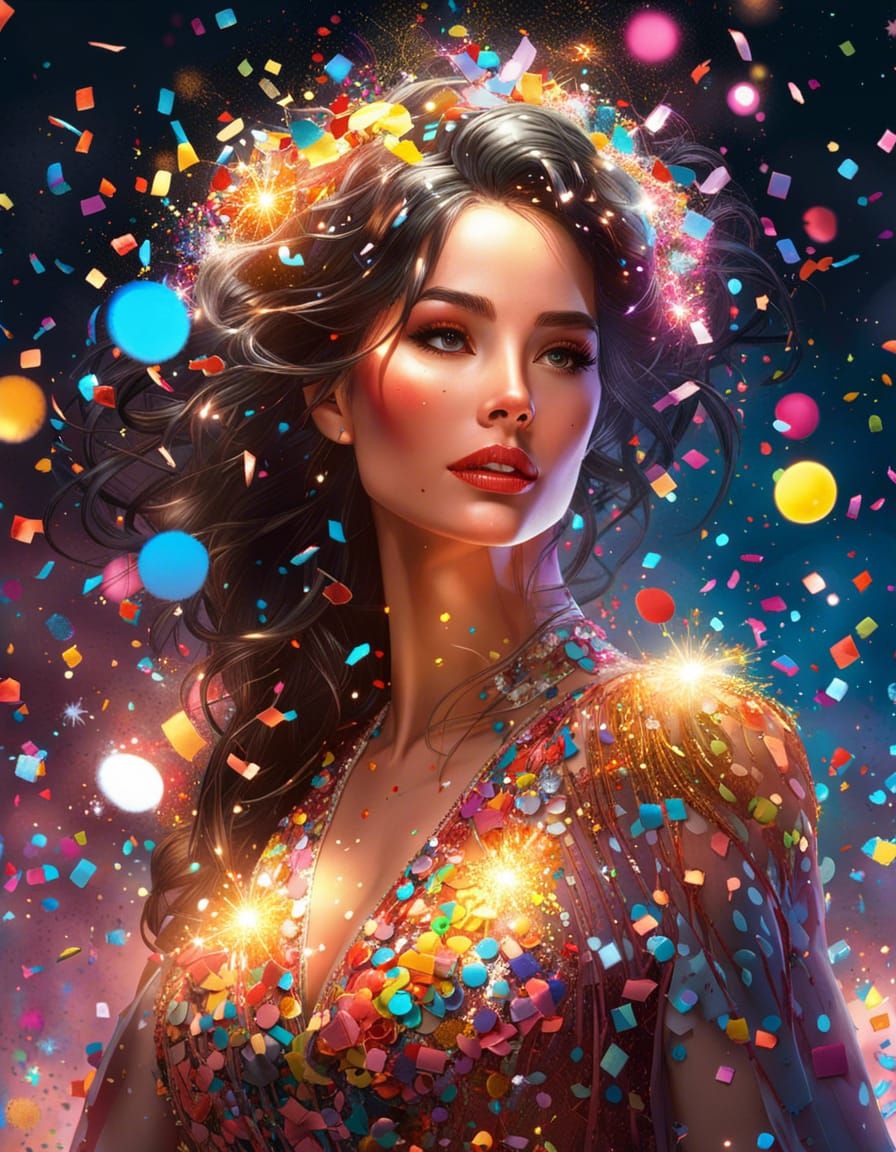 Woman in Confetti Dress with Magical Glow