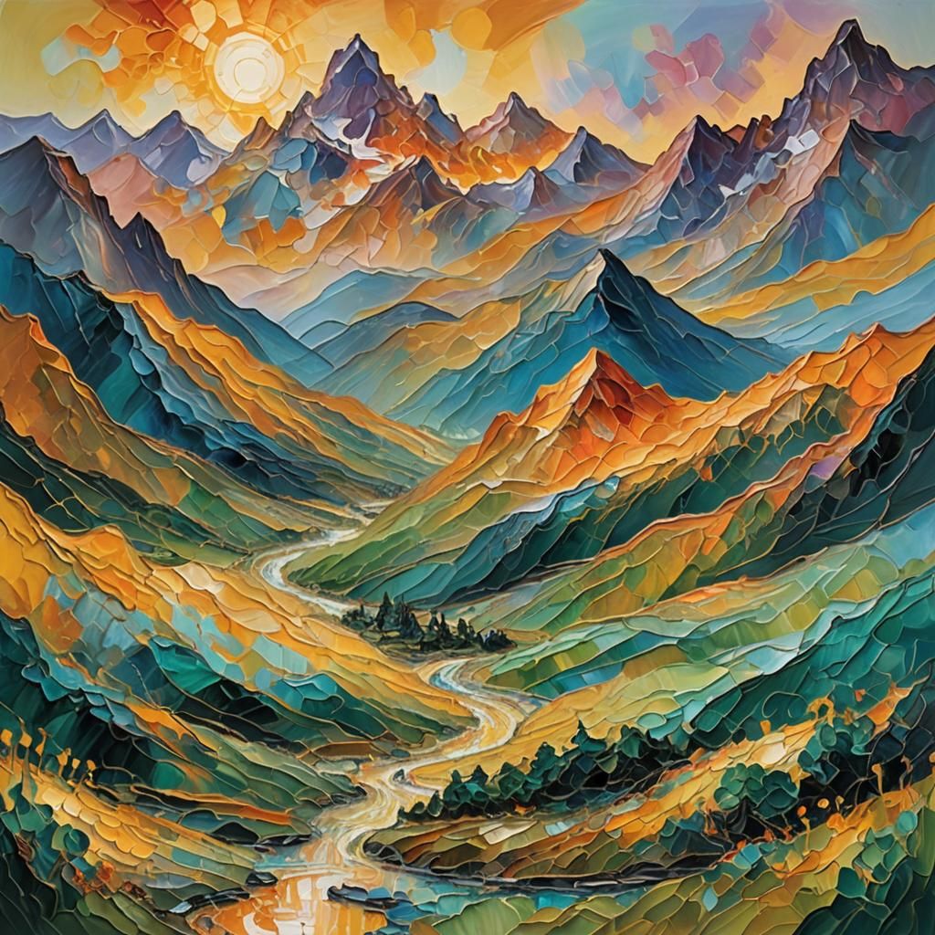 Molten Glass Splashing Through Alpine Landscape as Impasto P...