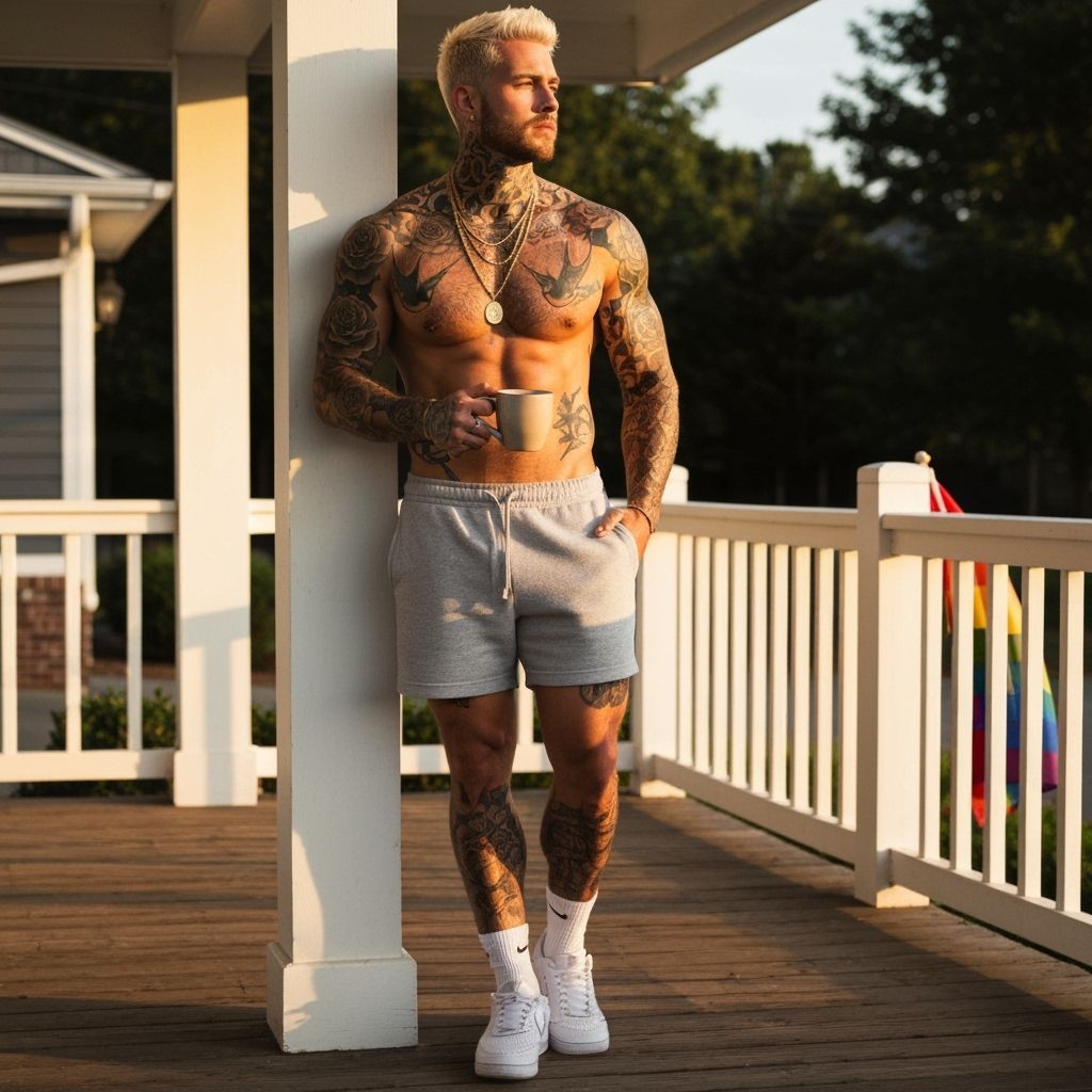 Muscular Man Poses on Suburban Porch at Sunrise