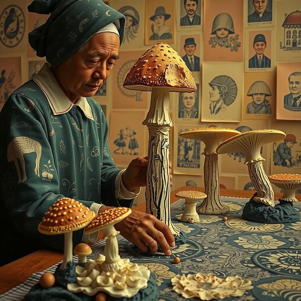 Mushroom Tenders in Blue and White Linocut Style