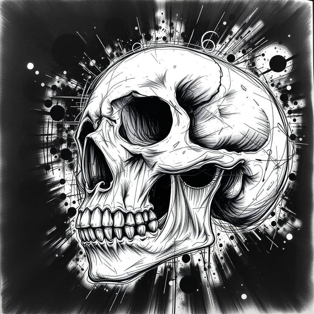 High-Contrast Macro Drawing of a Human Skull