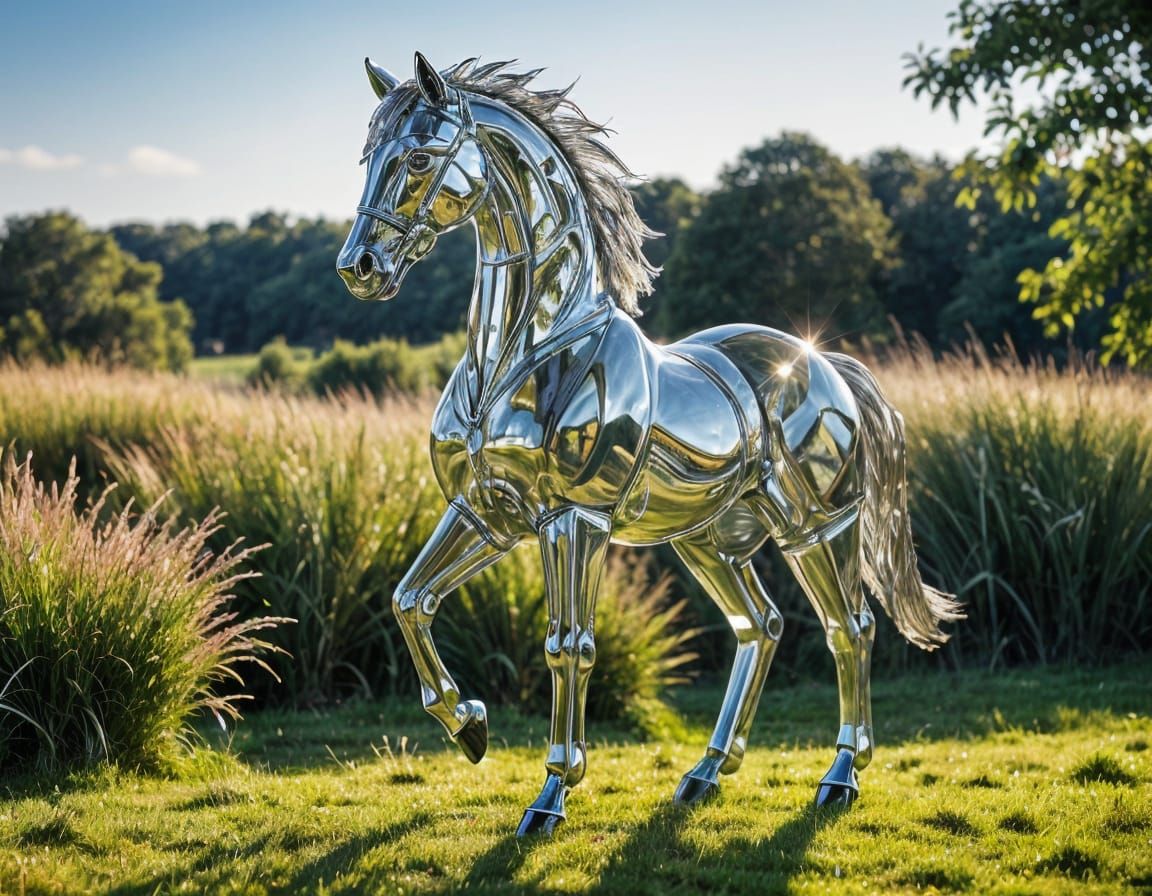 Surreal Glass Horse Sculpture in Open Landscape