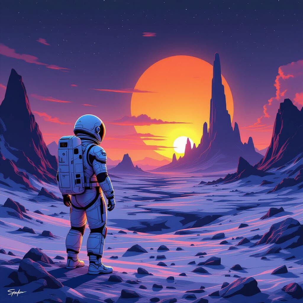 Astronaut on Alien Planet with Binary Sunset