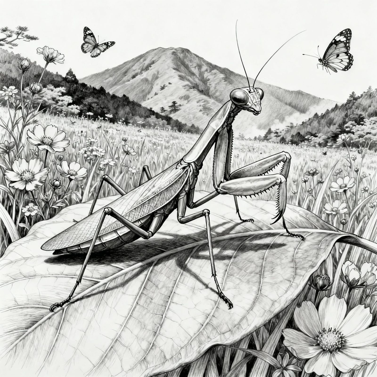 Detailed Pencil Drawing of Praying Mantis on Leaf