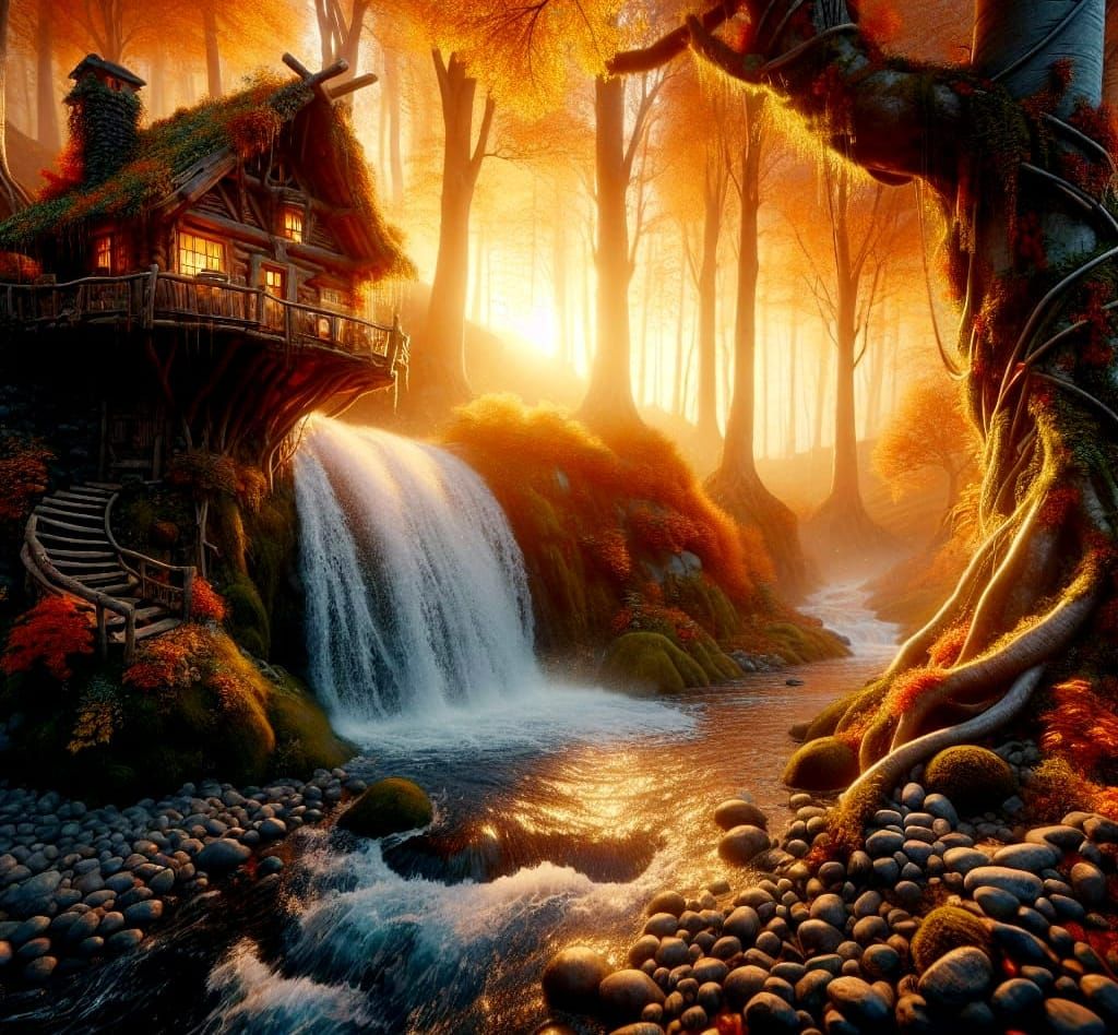 Cozy Autumn Treehouse in Golden Hour, Matte Painting
