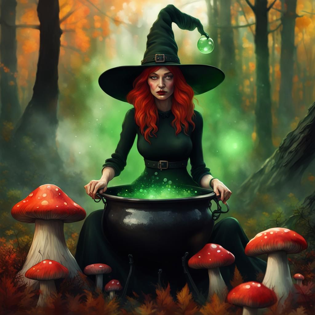 Woodland Witch with Cauldron in Watercolour Style