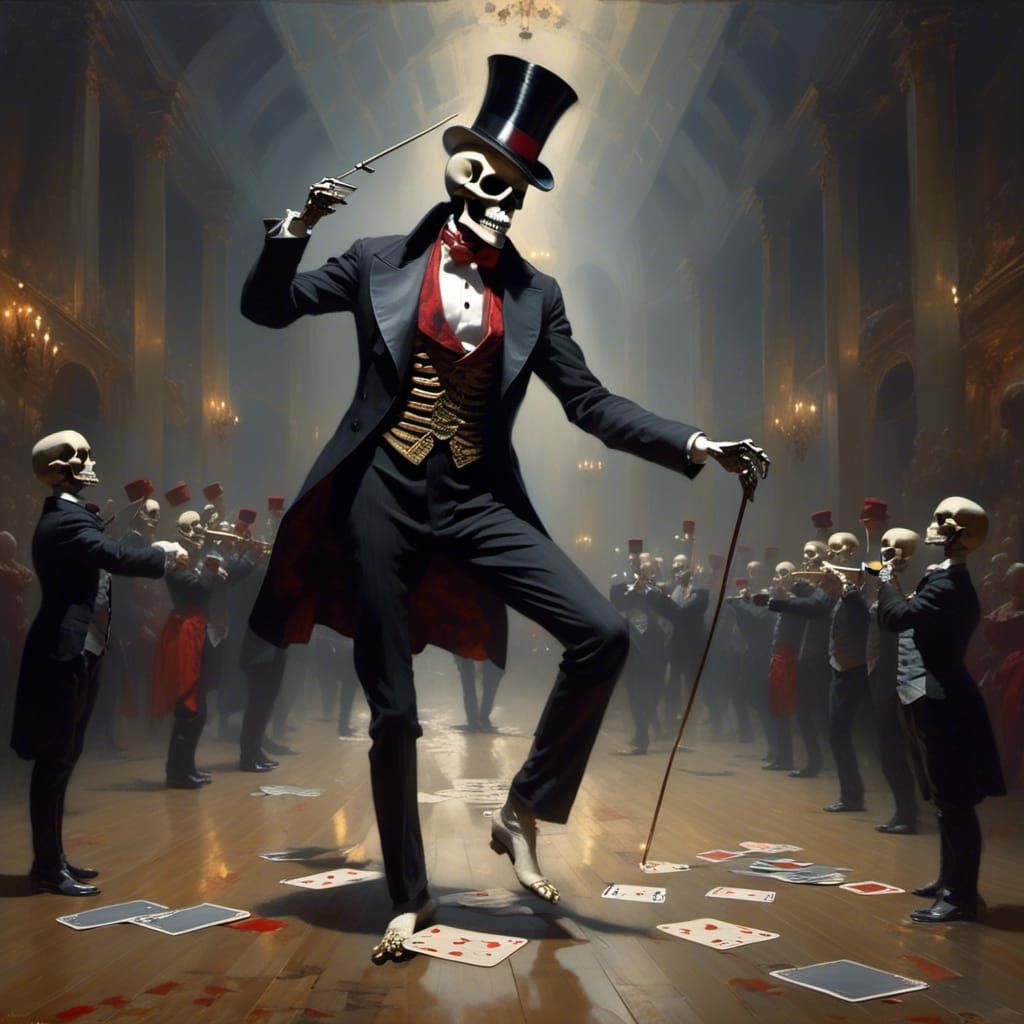 Macabre Skeleton Magician Stepping Out of Playing Card