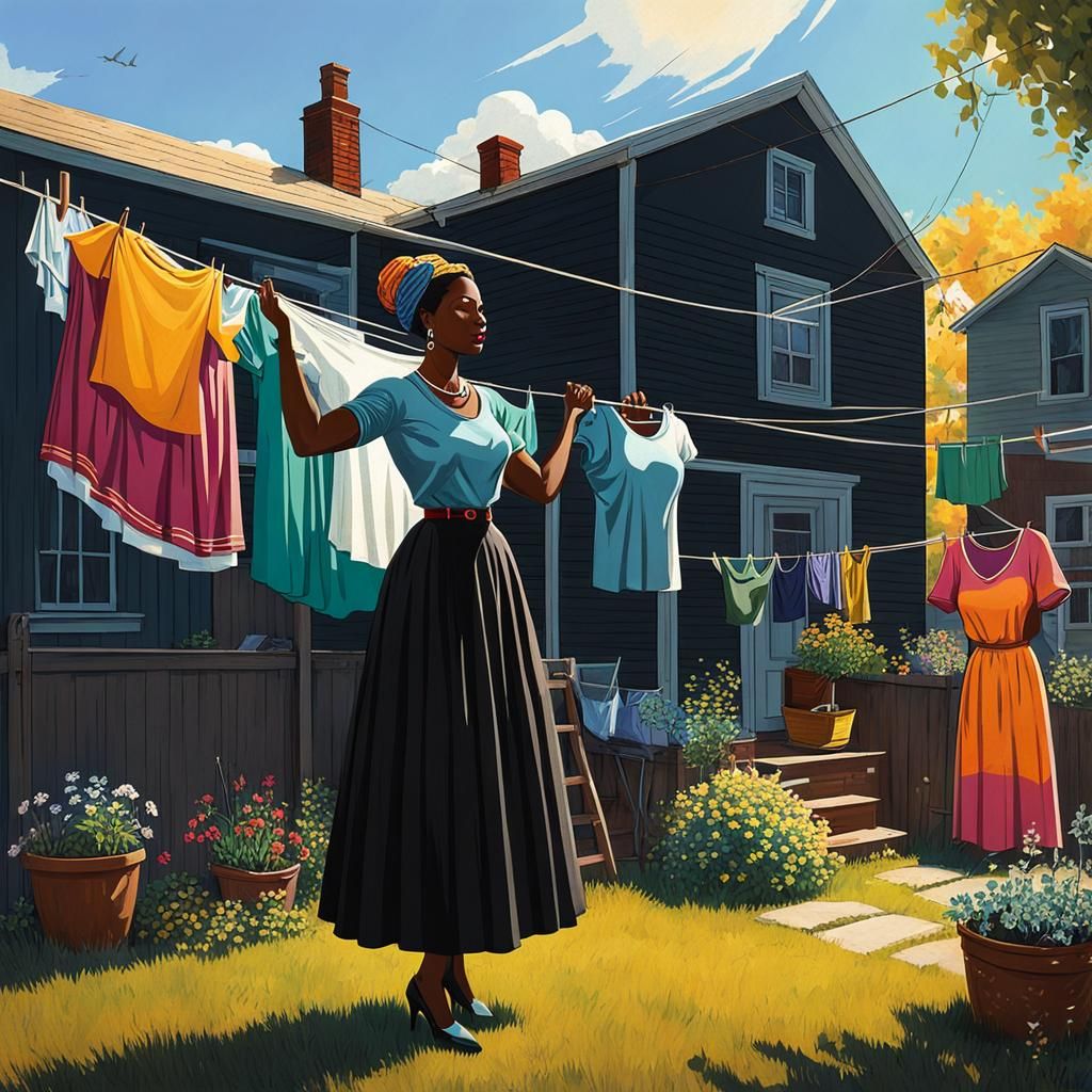 Black Woman Hanging Clothes on Breezy Sunny Day