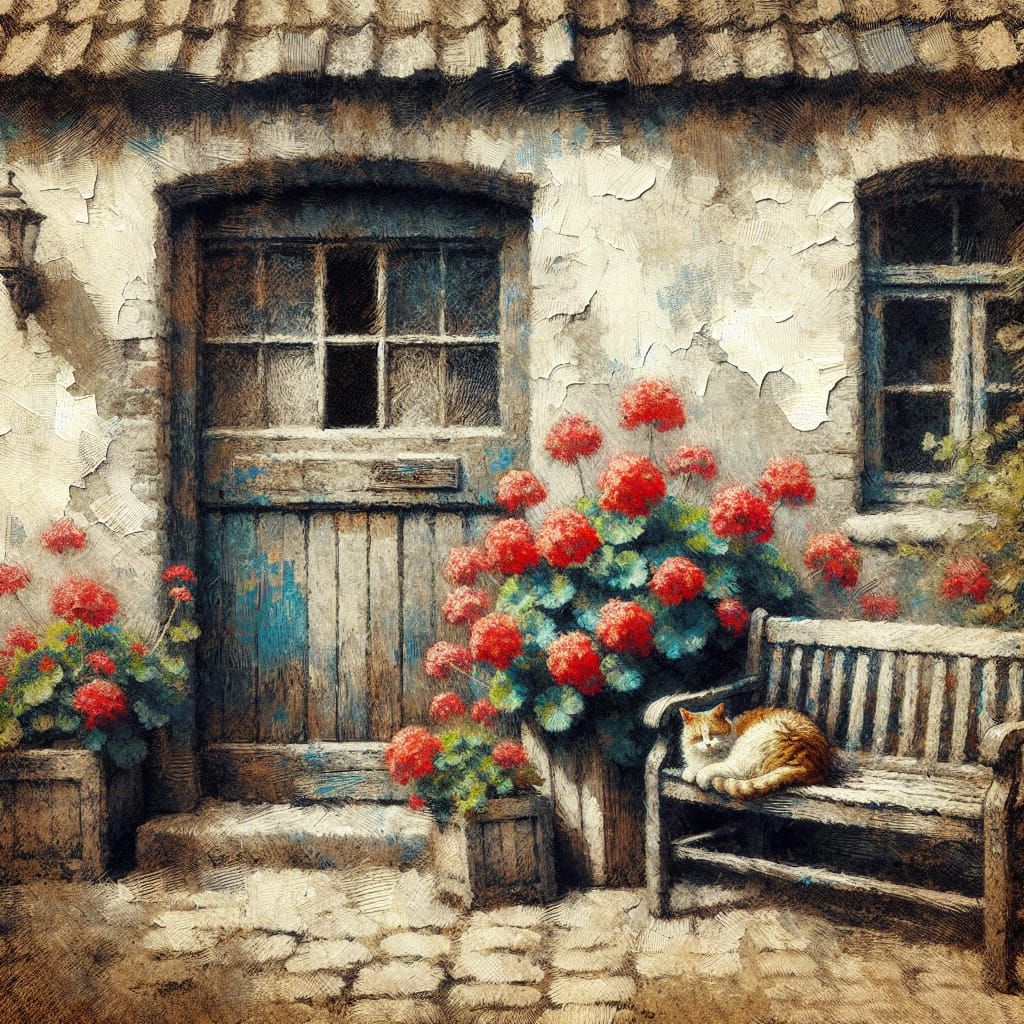 Impressionist Painting: Dutch Door House with Sleeping Cat