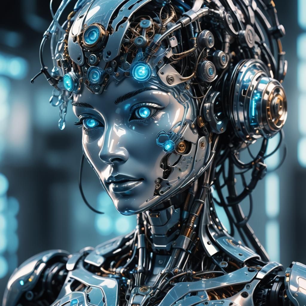 Translucent Robot Woman Statue with Glowing Brain