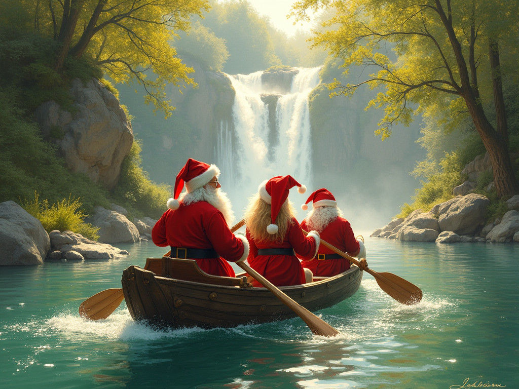 Santas Canoeing Down River in Impressionistic Style