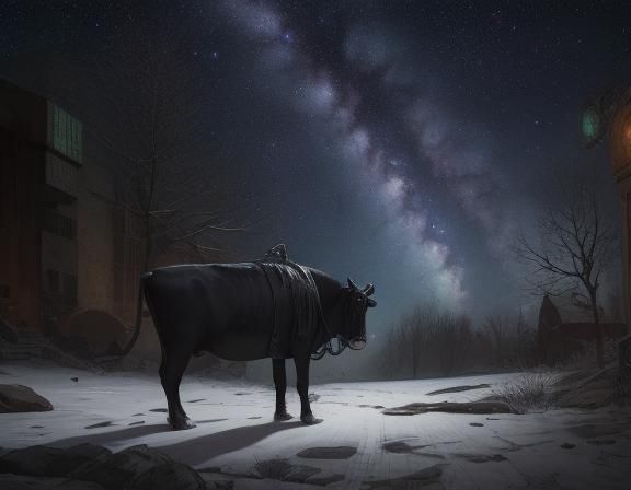 Cow and Hamadryad Snake in Snowy Dystopia