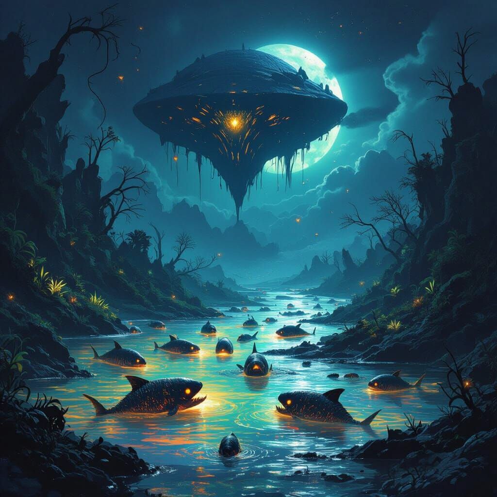 Alien Predator Planet Under Bioluminescent Night Sky