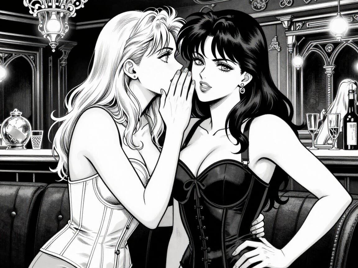 Manga Illustration of Women Whispering Secrets in Lavish Clu...