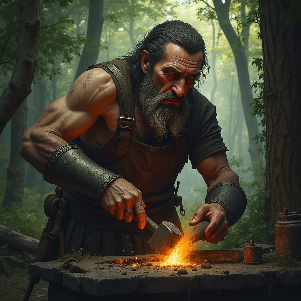 Weathered Medieval Blacksmith at Work in the Woods