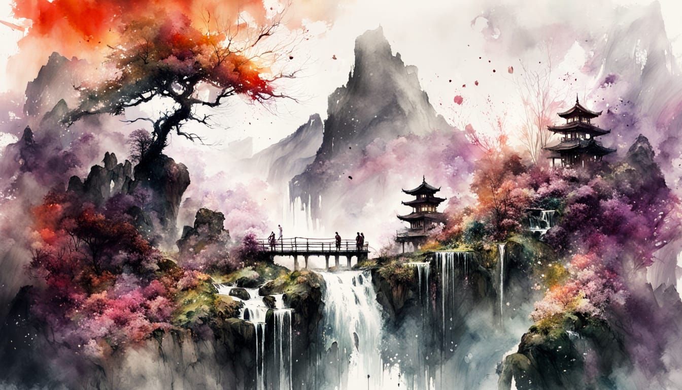 Japanese Mountain Village Sunset Ink Painting