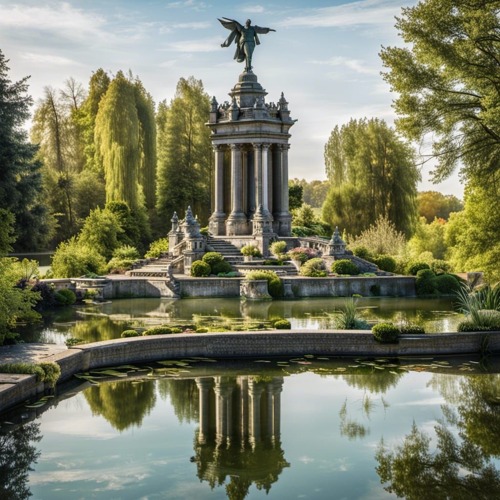 Sunny Pond Scene with Monument